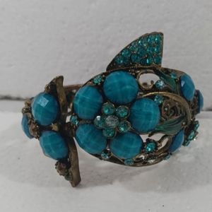Vintage Hinged Bracelet Fish Blue Stones Brass Beautiful Statement Piece